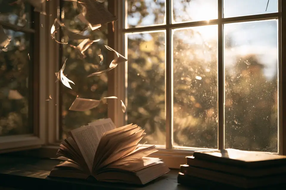 un livre ouvert dont les pages s’envolent vers une fenêtre lumineuse.