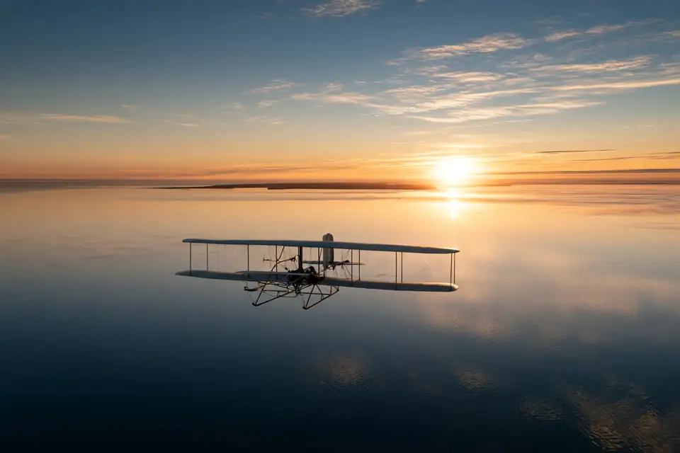 un avion ancien traversant une mer immense au petit matin.