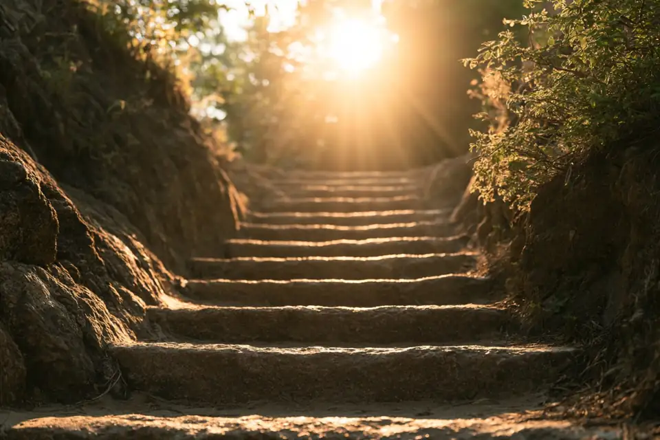 un escalier de pierre dont chaque marche est usée par le passage, montant vers la lumière.