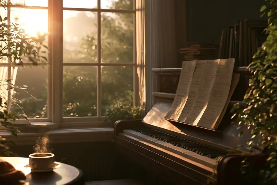 un piano dans une pièce au petit matin, partitions annotées, une tasse fumante.