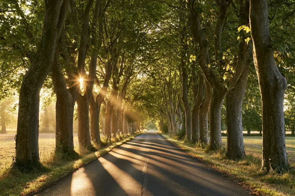 une route de campagne bordée de platanes au soleil couchant.