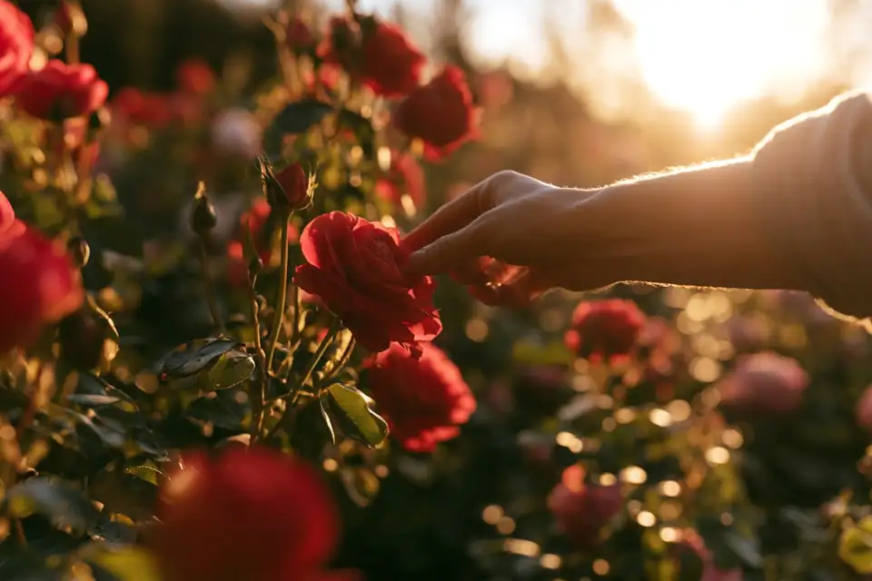 une main cueillant une rose dans un jardin à la française au petit matin.