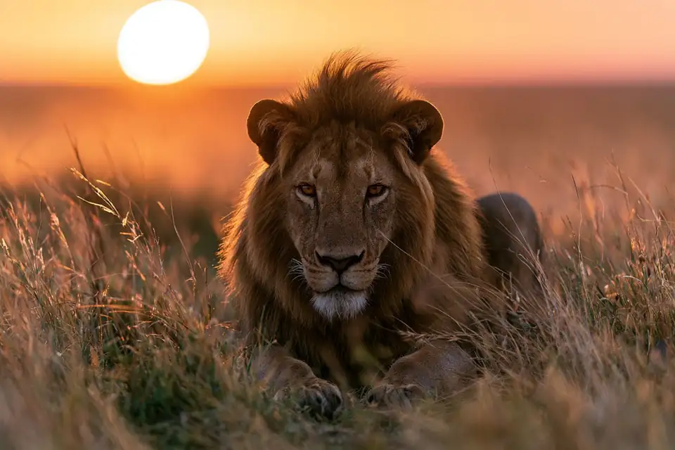 un lion éveillé, tapi dans la savane au lever du jour, prêt à bondir.