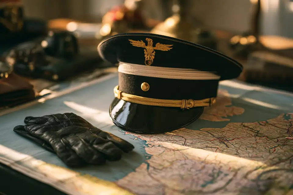 un casque d’officier et une paire de gants posés sur une carte de France, lumière de fin de jour.