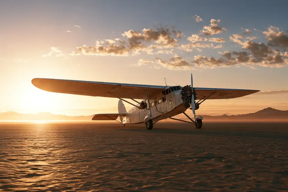 un avion Latécoère sur une piste de sable au lever du jour.