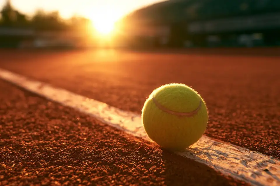 une balle de tennis immobile sur la ligne de fond d’un court en terre battue, au crépuscule.