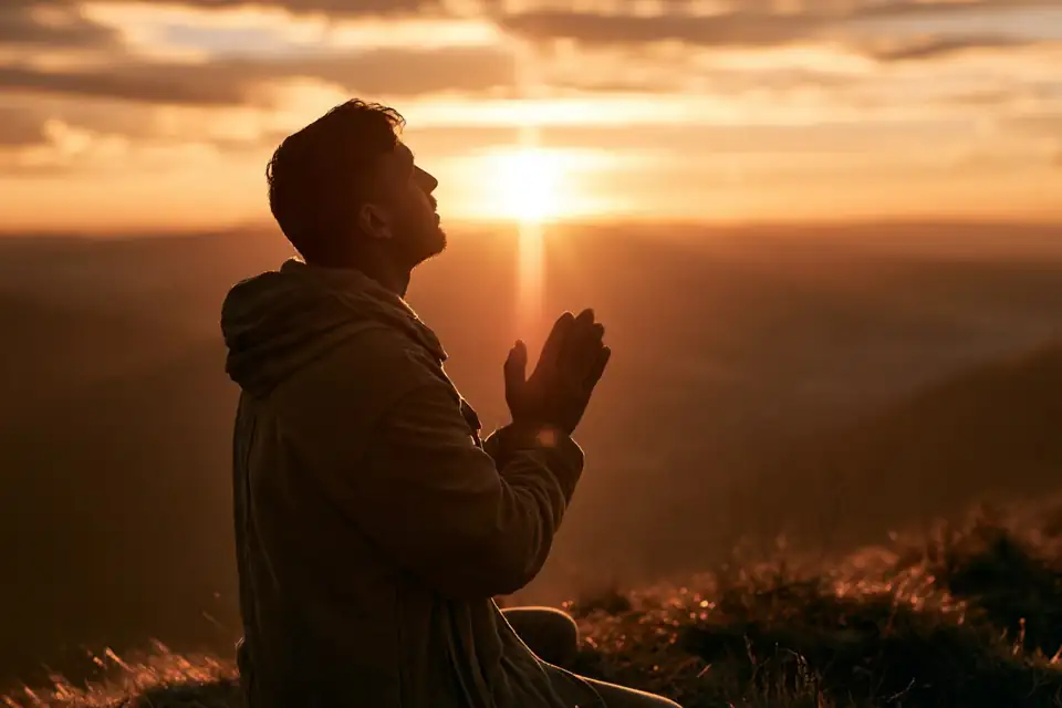 un homme en prière sur une colline au lever du soleil, les mains ouvertes.