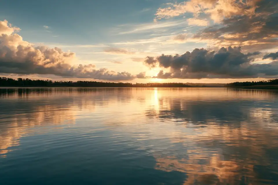 un lac sombre et calme reflétant un ciel d’orage.