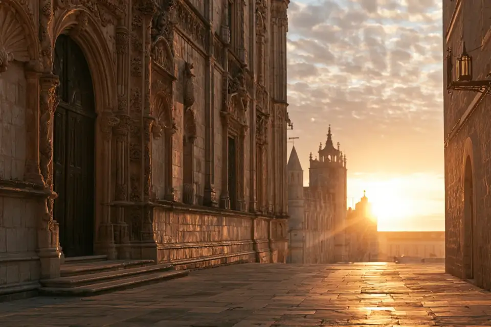 la façade gothique d’un palais de marchand au lever du soleil, des coquilles sculptées dans la pierre.