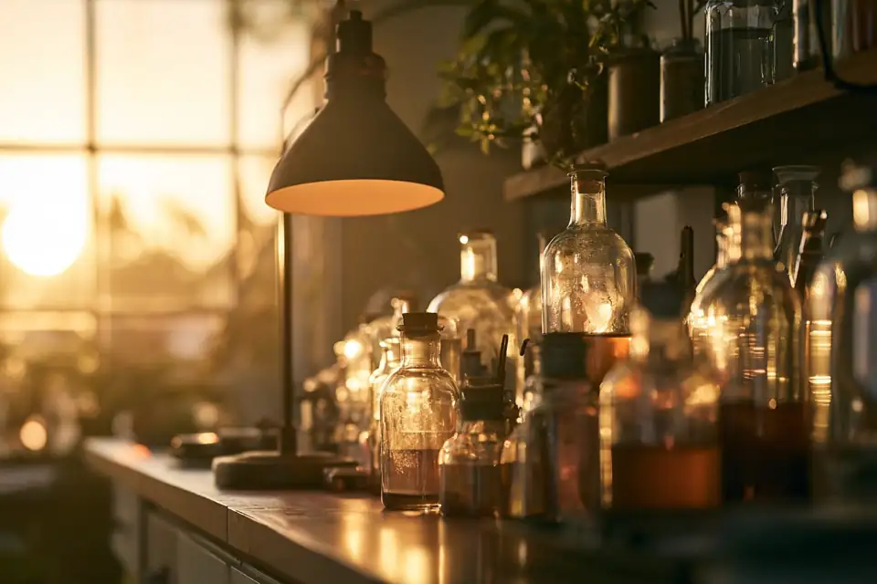 un petit laboratoire artisanal, des flacons de verre alignés sous une lampe.