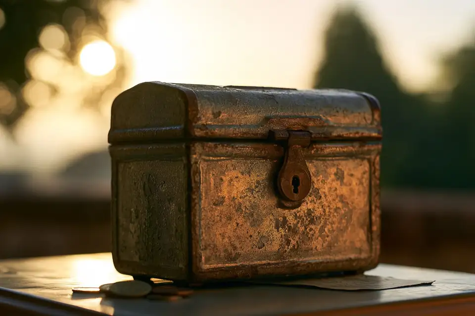 une tirelire ancienne en fonte sur une table, quelques pièces à côté.