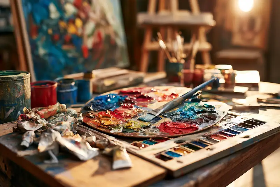 palette chargée, tubes écrasés, toile en cours.