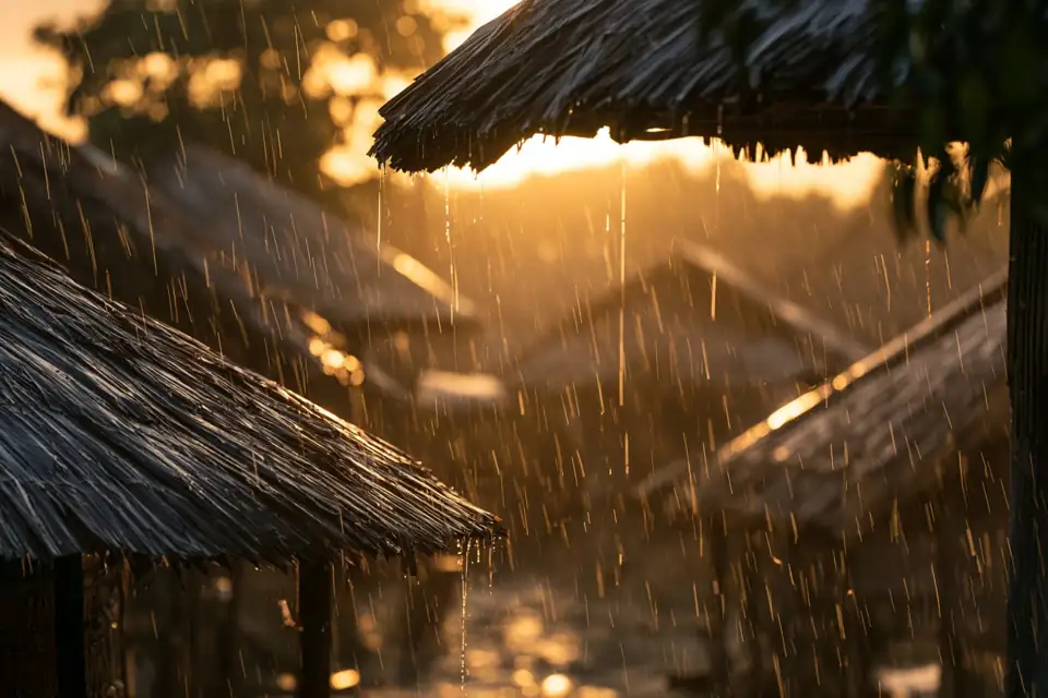 un village de cases sous la pluie, toutes les toitures ruisselantes.