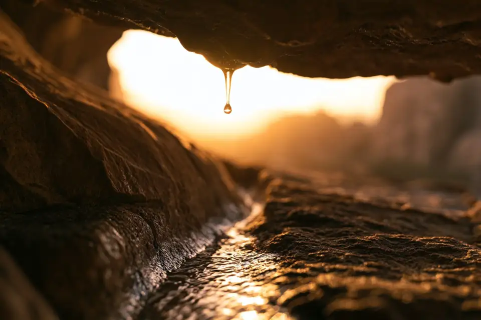une goutte d’eau tombant sur une pierre creusée d’un sillon profond, dans une grotte.