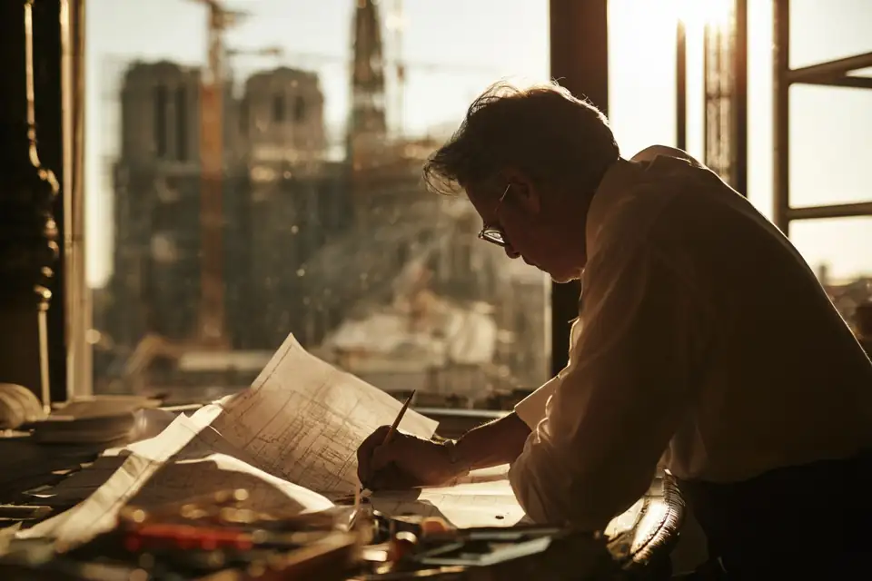 un architecte penché sur des plans, par la fenêtre une cathédrale en construction.