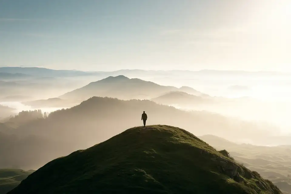 un marcheur au sommet d’une colline, regardant une succession d’autres collines dans la brume.