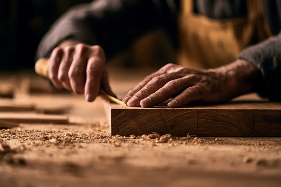 des mains d’artisan qui posent la dernière pièce d’un meuble parfaitement ajusté.