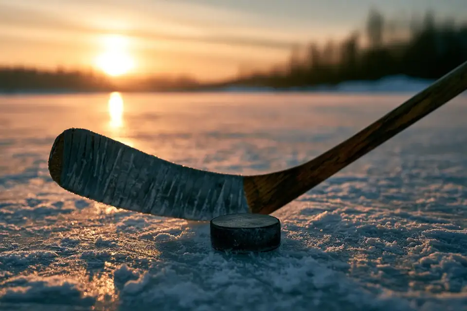 une crosse de hockey et un palet sur une patinoire extérieure gelée, au crépuscule.
