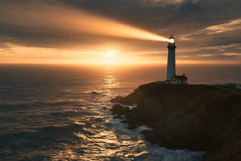 un phare dont le faisceau balaie la mer et révèle un chemin de lumière sur l’eau.
