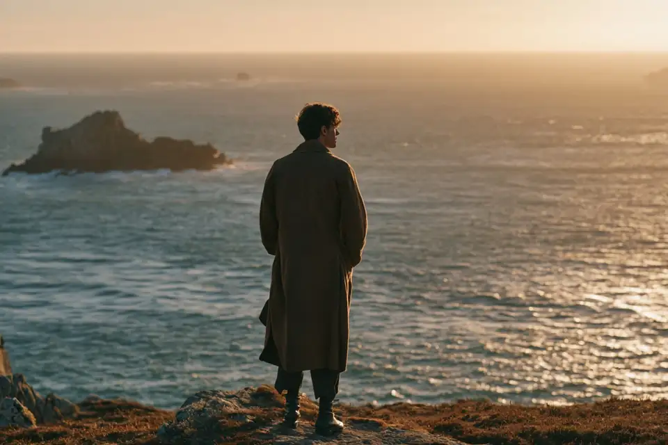 un rocher sur l’île de Guernesey face à la mer, un homme en manteau dans le vent.