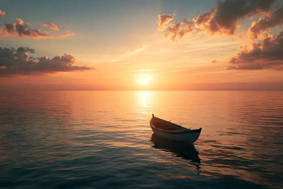 une petite barque qui quitte le rivage vers un horizon lumineux.