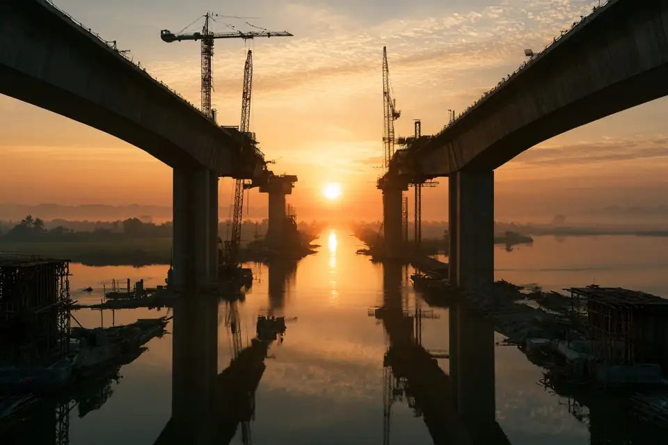 un pont inachevé dont les deux moitiés vont se rejoindre au-dessus d’une rivière.