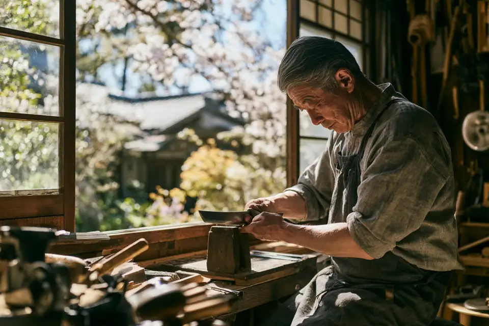 une lame de sabre sur une meule de pierre, dans une forge japonaise éclairée par les braises.