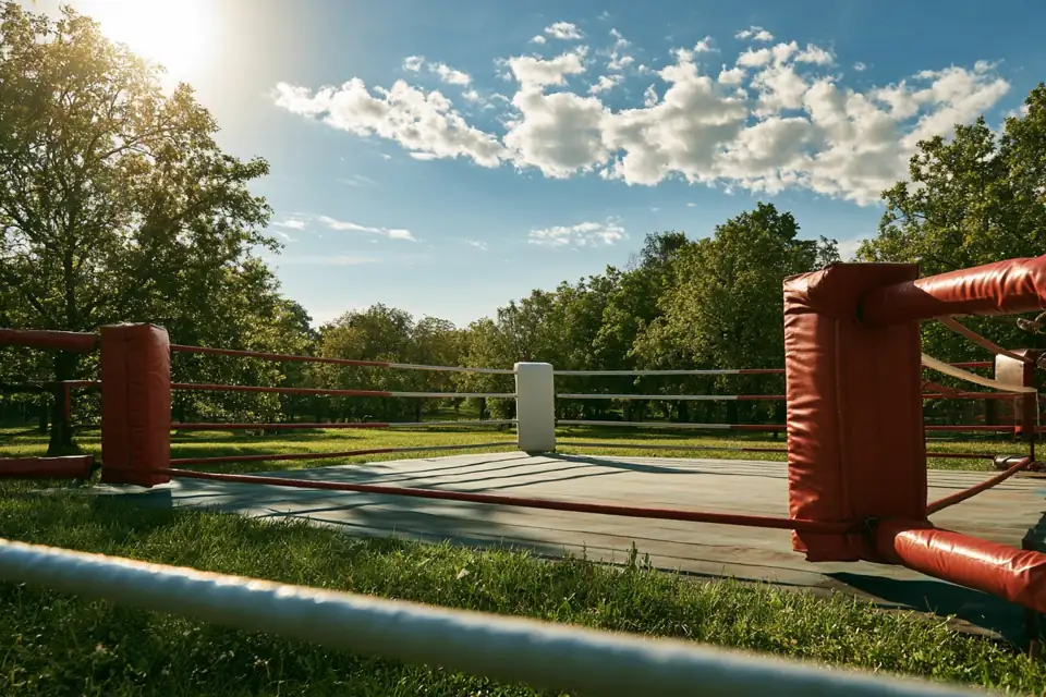 un ring de boxe vide sous les projecteurs, les cordes encore tremblantes.