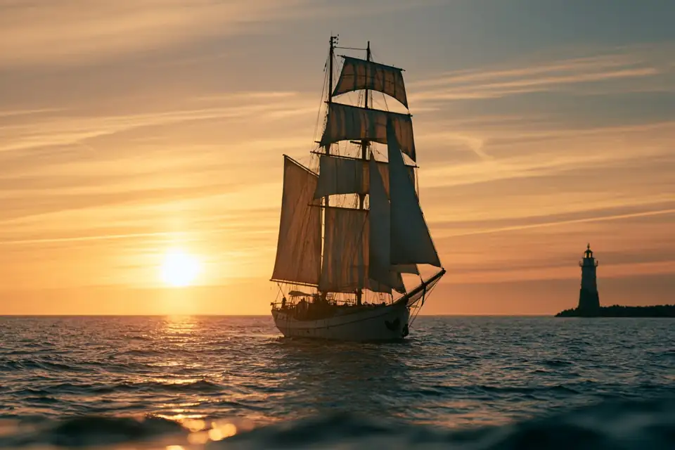 un vieux navire à voile quittant le port au couchant.