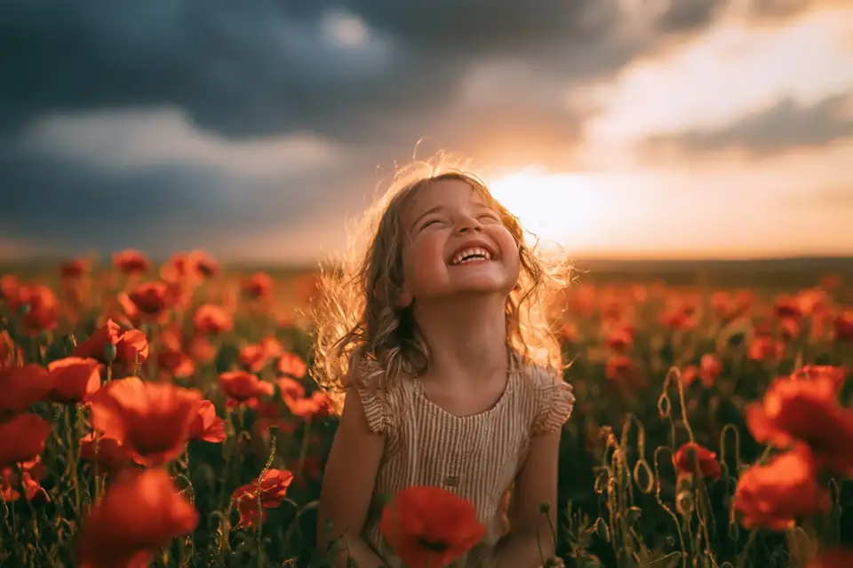 un enfant qui rit dans un champ de coquelicots, un ciel d’orage au loin.