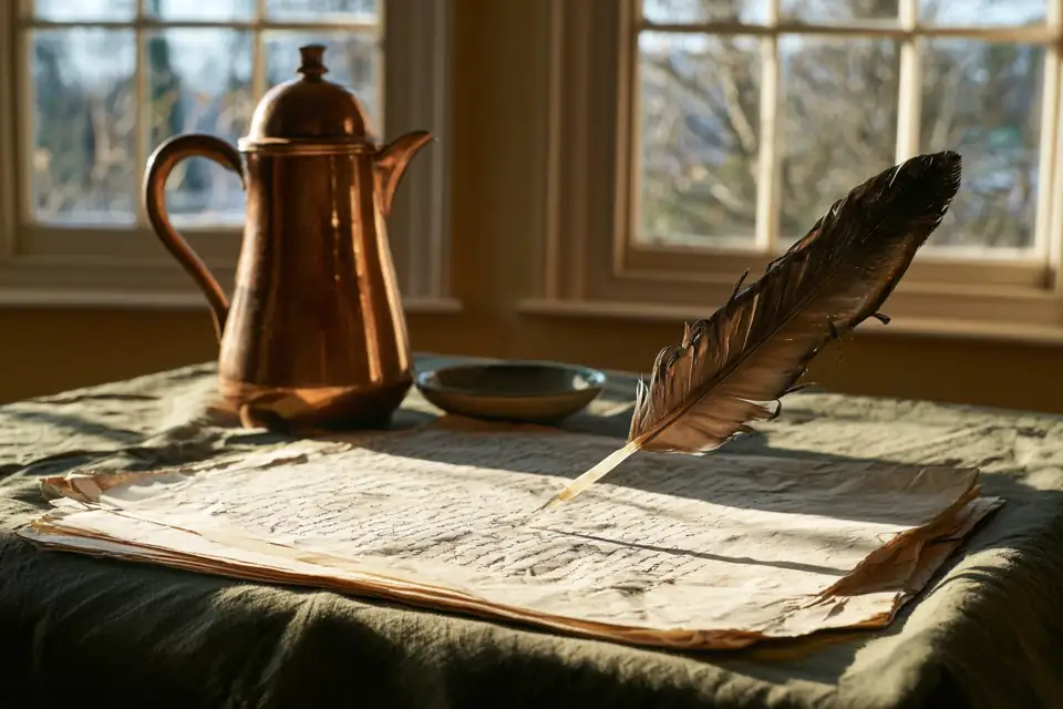 une cafetière et une plume sur une table couverte de feuillets, à la lueur d’une bougie.