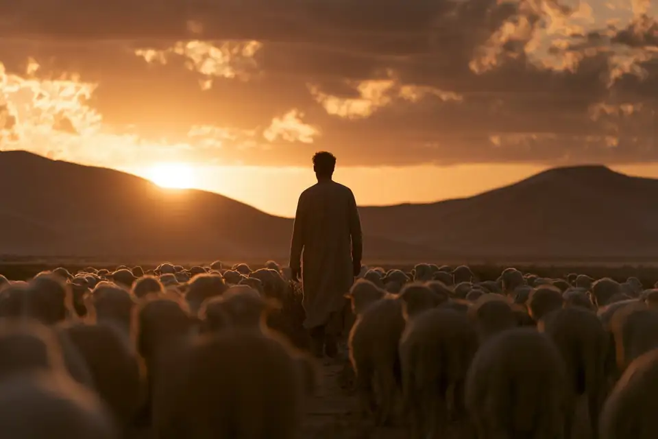 un berger et son troupeau face aux dunes au lever du soleil.