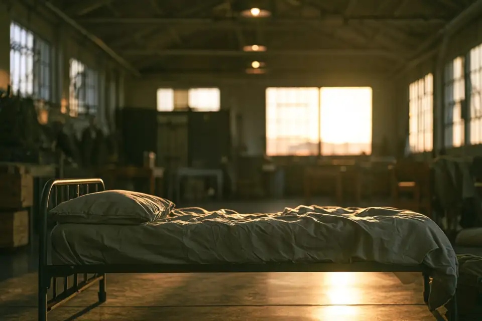 un lit de camp militaire parfaitement fait dans une chambrée vide, lumière d’aube.