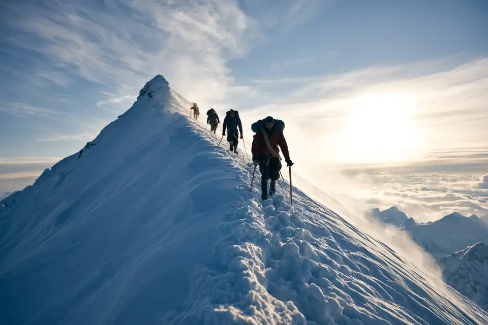 une cordée des années 1920 sur une arête enneigée, piolets en bois.