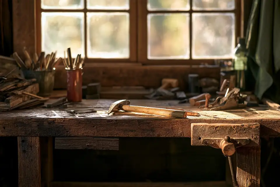 un établi de ferme avec quelques outils simples, lumière du matin.