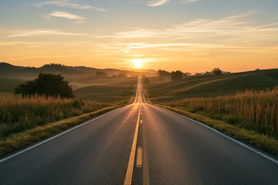 une longue route dans la campagne du Sud américain, au lever du soleil.