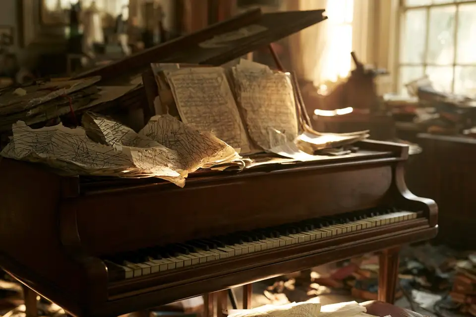 un piano dans une chambre en désordre, des partitions couvertes de ratures.