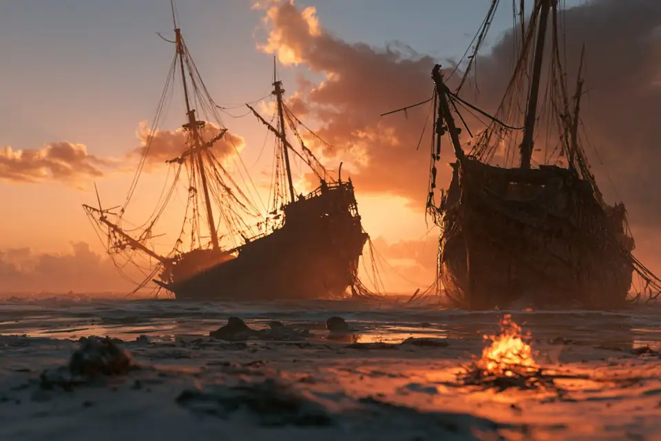 des navires antiques échoués sur une plage après la tempête, un feu allumé.
