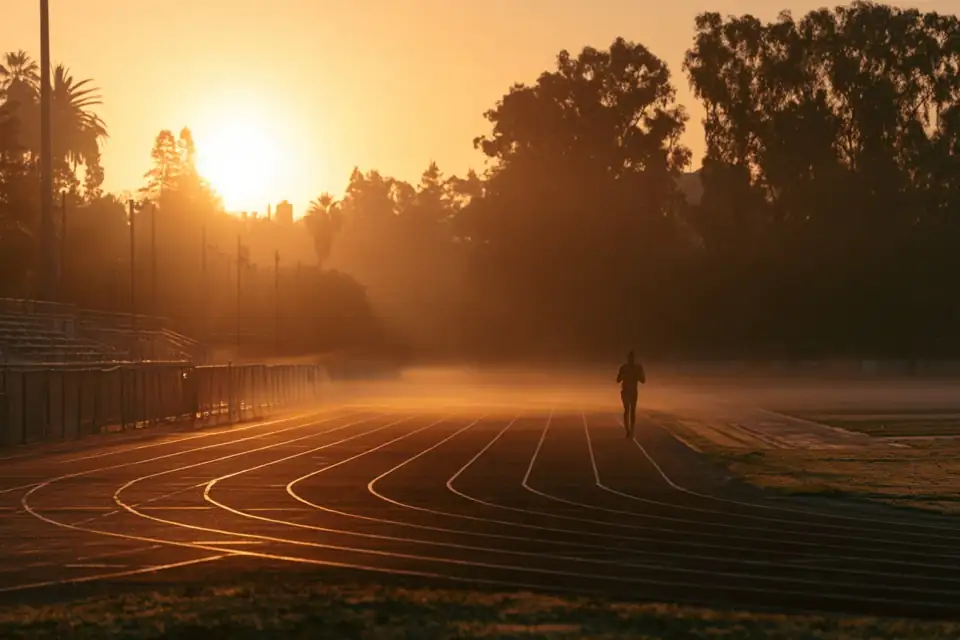 une piste de stade ancienne au petit matin, un coureur seul à l’échauffement.