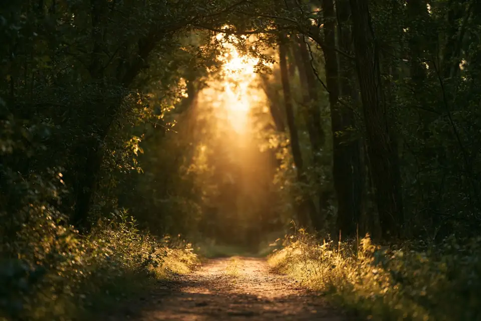 un sentier qui s’enfonce dans une forêt dense et ressort de l’autre côté dans la lumière.
