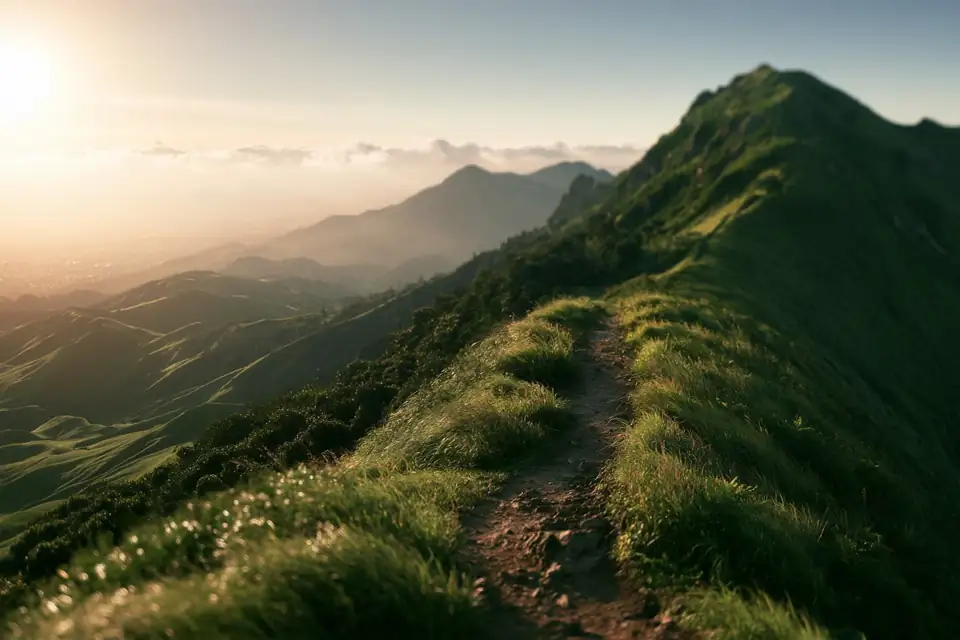 un sentier escarpé vu du sommet, le point de départ minuscule tout en bas.