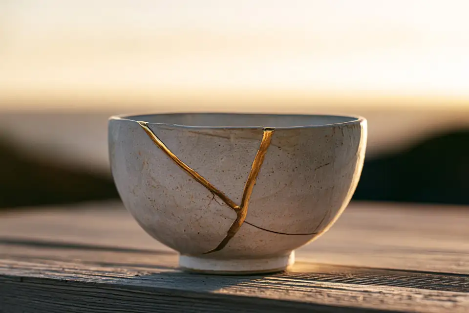 une poterie réparée à l’or, selon l’art japonais du kintsugi, posée sur une table sombre.