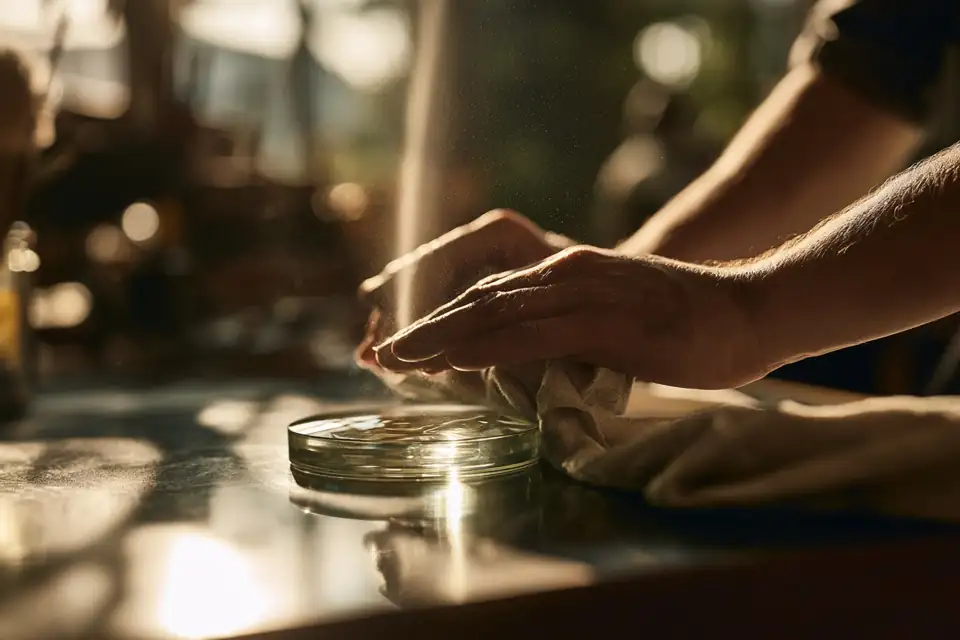 des mains qui polissent une lentille de verre à l’établi, un rai de lumière qui la traverse.