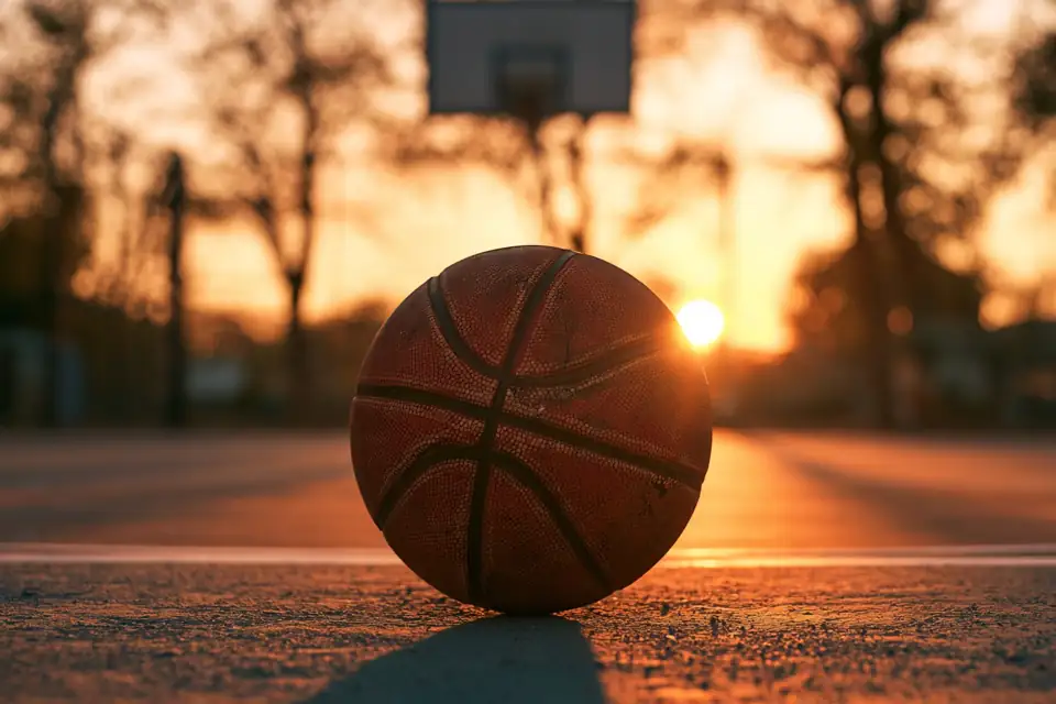 un ballon de basket abîmé au pied d’un panier, sur un playground au crépuscule.