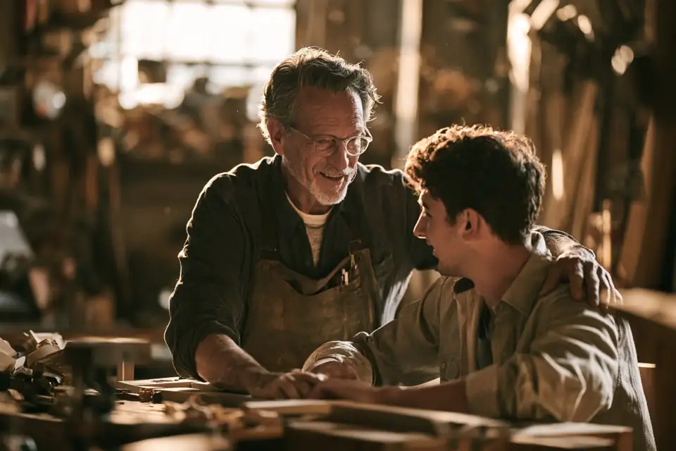 un maître artisan posant la main sur l’épaule d’un apprenti devant un établi.