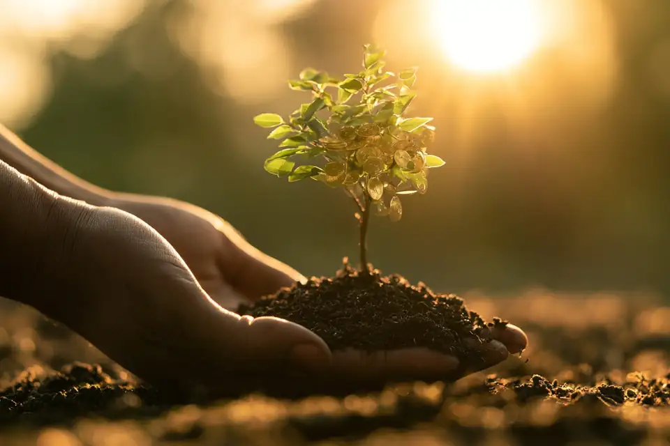 des mains qui plantent une graine d’où sort un jeune arbre portant des pièces d’or.