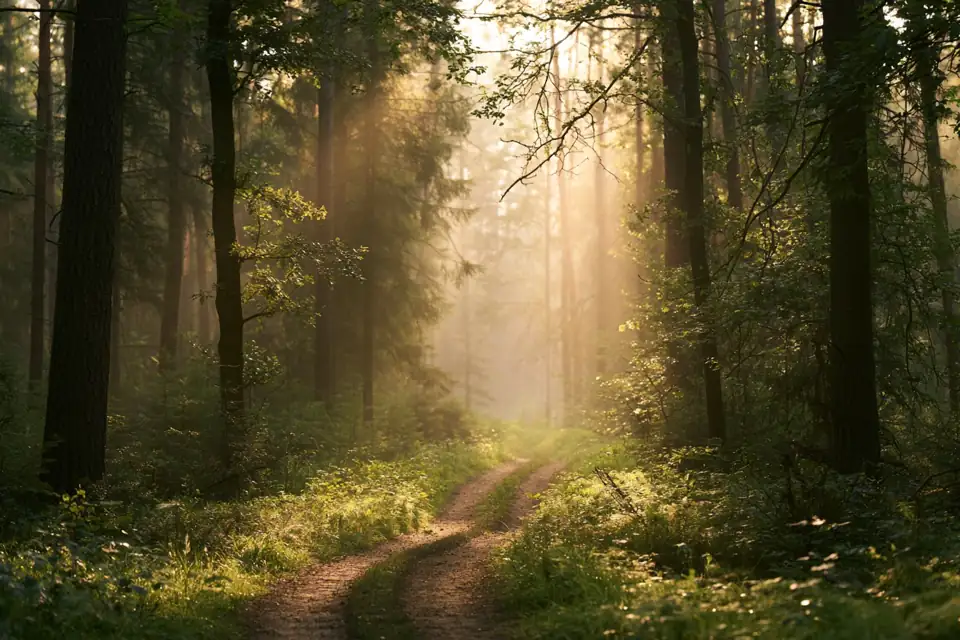 un sentier forestier qui disparaît dans la brume.