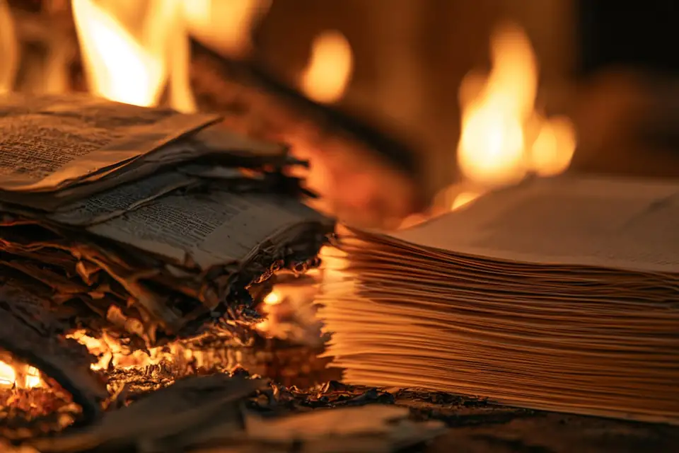 des feuillets à demi brûlés dans une cheminée, et à côté une pile de pages neuves.