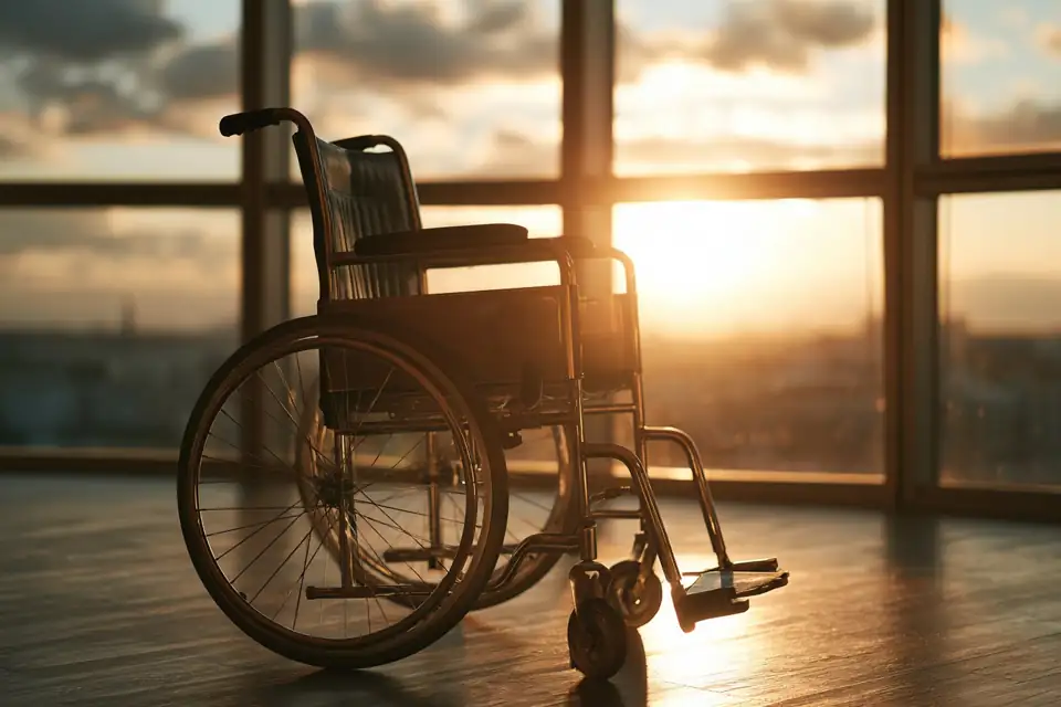 un fauteuil roulant ancien face à une grande fenêtre ouverte sur une ville.