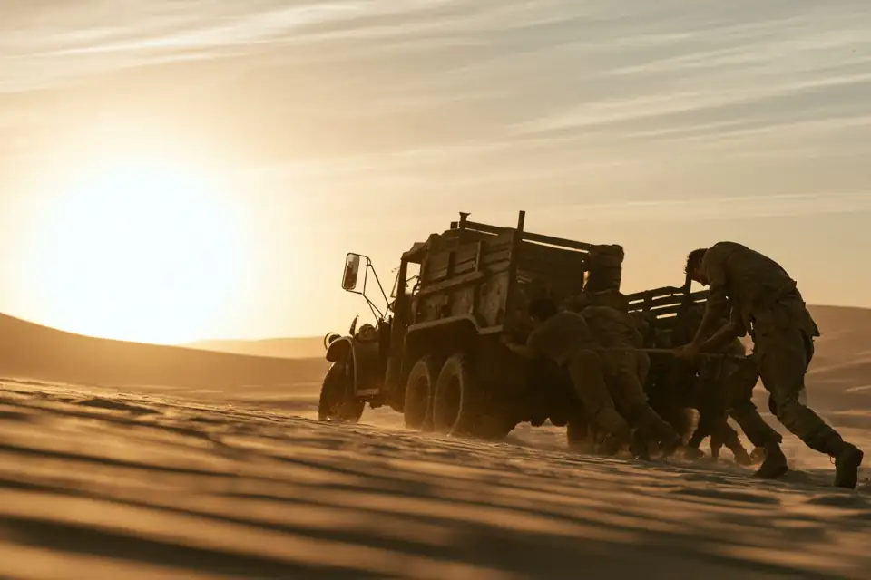 un vieux camion militaire ensablé dans le désert, des hommes qui poussent, au crépuscule.